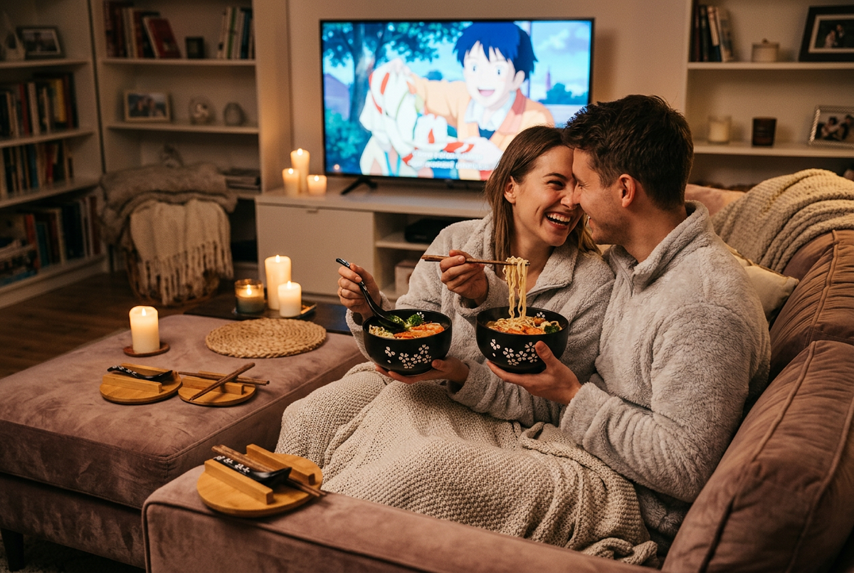 Couple européen en pyjama avec bols ramen